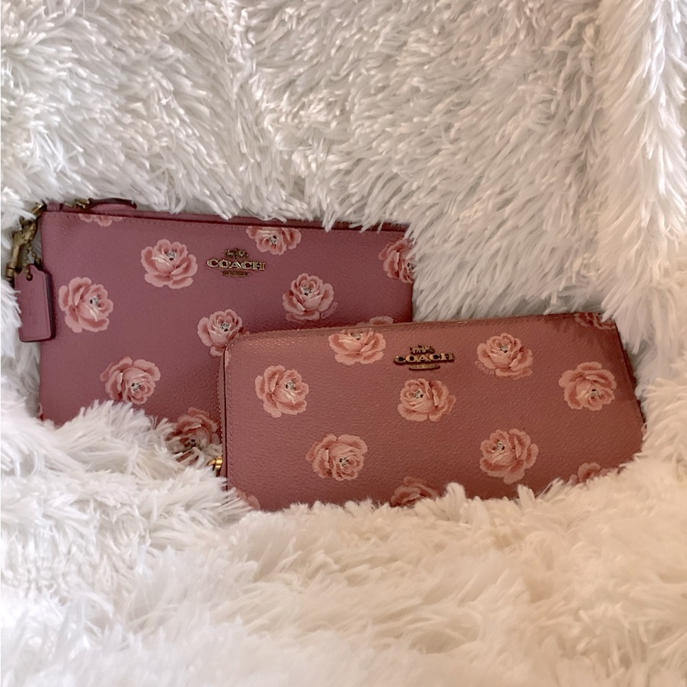 Coach mauve colored floral wallet with matching wristlet